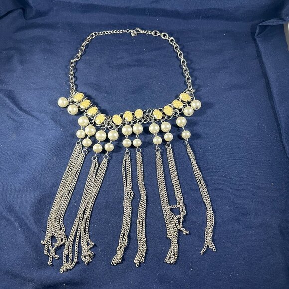Statement Necklace With Faux Pearls & Silver Chains - Picture 1 of 4